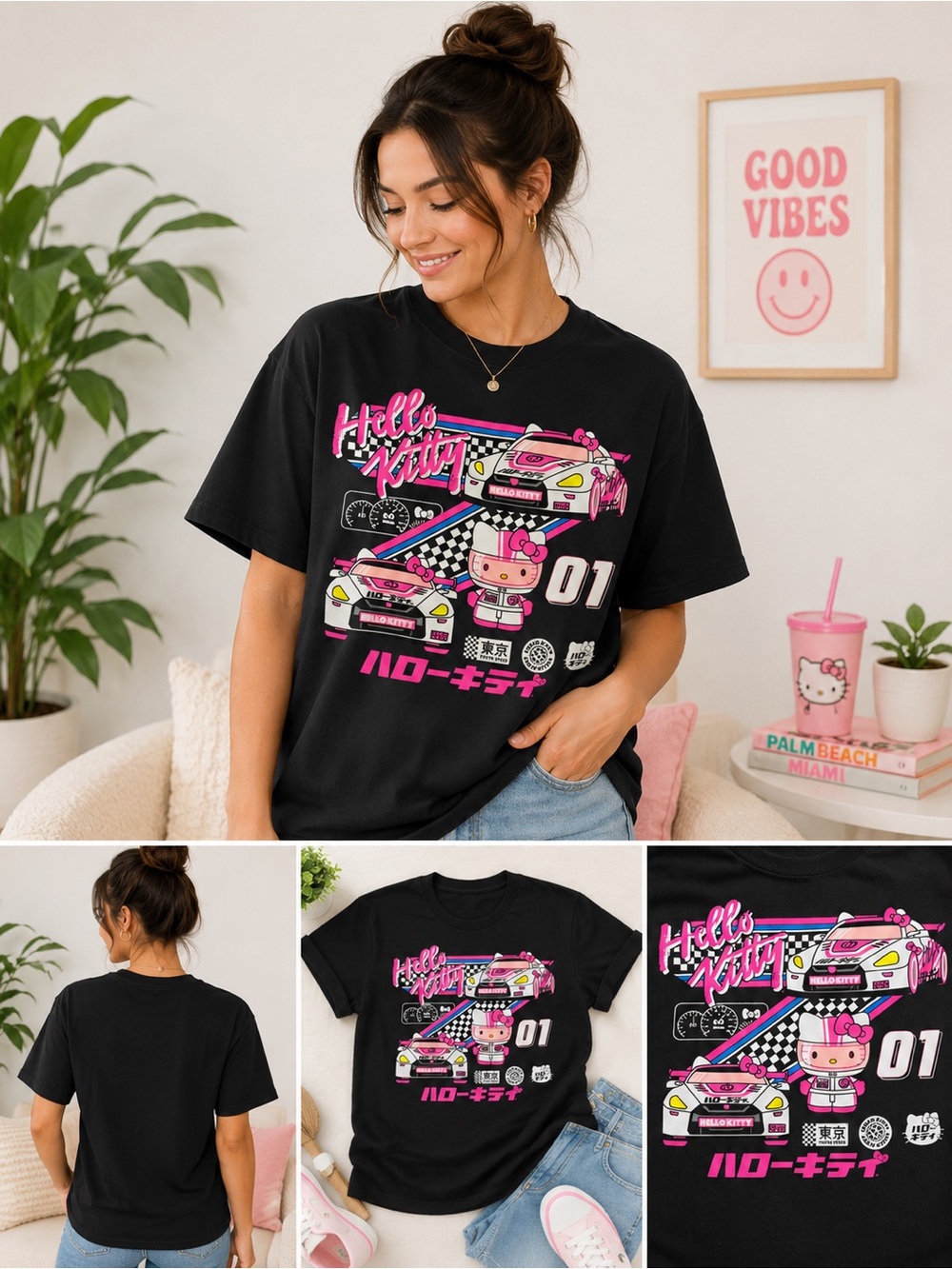 Hello Kitty Black Tee with Pink Racing Graphic